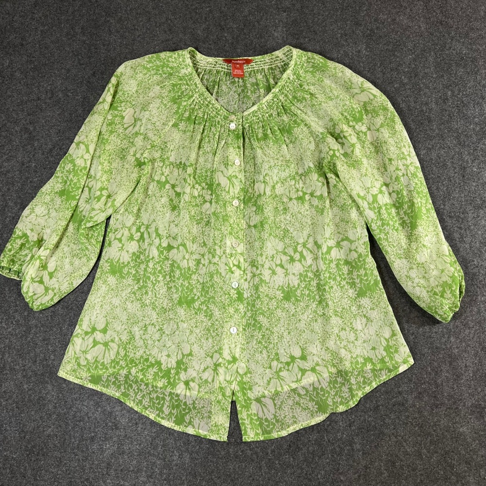 Sundance Silk Floral Blouse Lime Green White Smocked Neck Button Front Medium